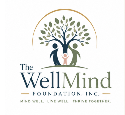 The WellMind Foundation, Inc. logo: a family sheltered beneath a leafy tree, with the tagline Mind Well. Live Well. Thrive Together.